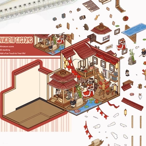 Gedetailleerde 3D-miniatuurpuzzel van Chinees leeuwengebouw met rode lantaarns en poppen