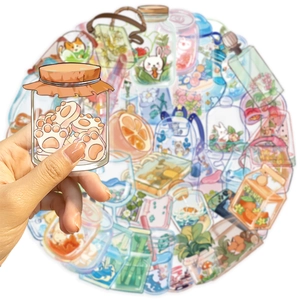 Set of 50 transparent PET cartoon stickers featuring cute cat paw glass jar designs