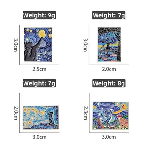 Detailed close-up of Van Gogh cat enamel pins showing artistic oil painting designs