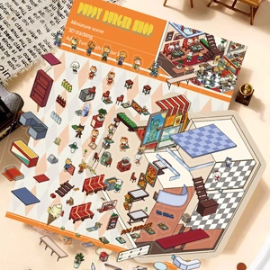Detail van 3D Puppy Burger Shop stickerset met miniatuurmeubels en schattige hondjes