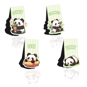Set of four cute cartoon panda magnetic bookmarks with green stripes and lovely patterns