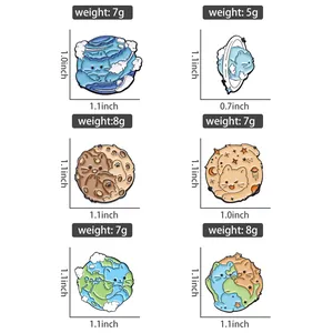 Size guide for cute cat planet enamel pins with weight and dimensions for each badge