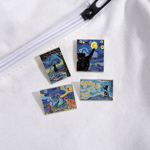 Artistic Van Gogh Starry Night enamel cat pin set for clothing and bags decoration