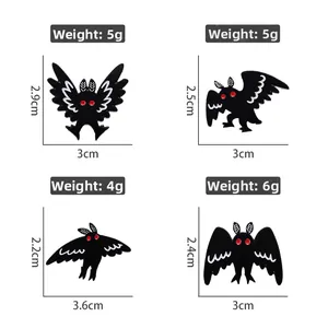 Detailed size chart showing dimensions for black gothic insect and moth enamel pins