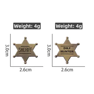 Detailed view of hexagonal vintage bronze badges showing 3.0cm size and 4g weight