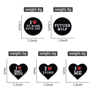 Detail view of round and heart enamel pins with weights and sizes in inches