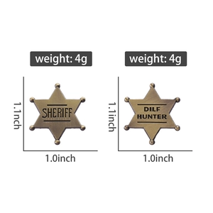 Close-up of vintage bronze star badges with Sheriff and Dilf Hunter engraved text