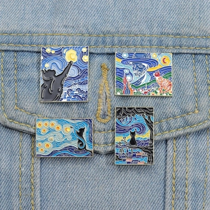 Van Gogh cat starry night sunflower enamel pin set on blue denim jacket pocket