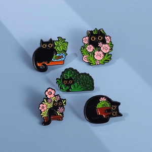 Five-piece black cat enamel pin set with cartoon plants and floral alloy designs