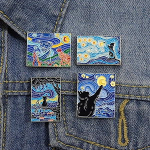 Van Gogh art style enamel cat brooches set pinned on a denim jacket accessory