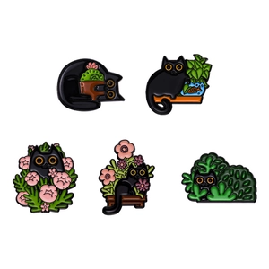 5pcs cartoon black cat and plant enamel pin set featuring floral and cactus designs