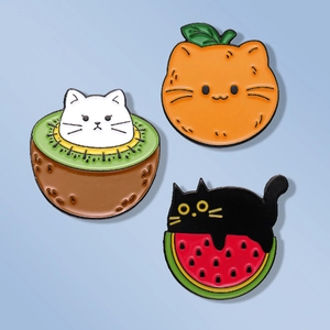 Cute Cartoon Cat Fruit Enamel Pin Zinc Alloy Animal Brooch Kiwi Orange Watermelon Shape Badge For Clothing Bag Decoration