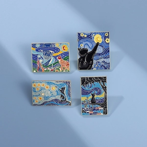 Van Gogh oil painting enamel cat brooch set of 4 rectangular artistic metal badges