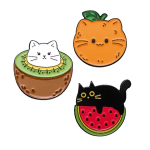 Three-piece set of creative cartoon cat and fruit enamel pins including orange and kiwi