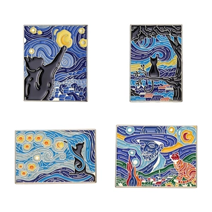 Set of four Van Gogh inspired cat enamel pins featuring Starry Night and art portrait