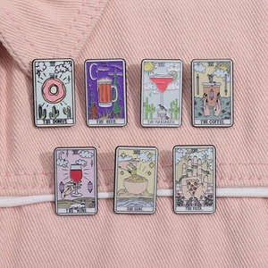 Detailed set of tarot style enamel pins featuring creative food and drink illustrations
