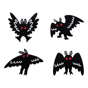 Gothic Mothman enamel pin set featuring four black winged creature badges with red eyes