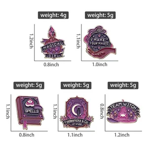 Size chart for magic potion, crystal ball, spell book, and wizard hat enamel pins