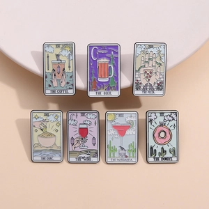 Creative tarot-style enamel pins set featuring coffee, wine, and food designs