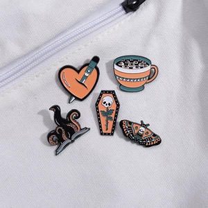 5Pcs Halloween Gothic enamel pins set with skull moth and heart dagger on canvas bag
