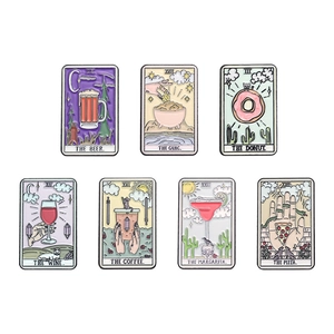 Set of 7 tarot-inspired enamel pins featuring food and drink designs on white background