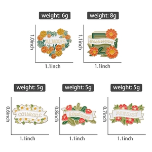 Detailed size chart for enamel pins featuring flowers and books with dimensions and weights