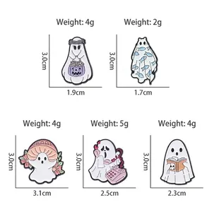 Set of 5 cartoon white ghost enamel pins for Halloween with precise size measurements