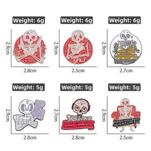 Detailed grid of six unique Halloween skull enamel pins with measurements and weights
