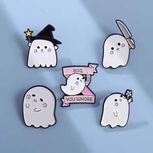 Set of 5 cute cartoon white ghost enamel pins for Halloween backpack decoration