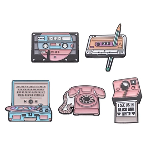 5-piece vintage pink enamel pin set with retro radio, camera and record player motifs