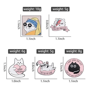 Detail showing various cartoon cat enamel pins with specific weight and size dimensions