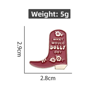 Detail shot of red cowboy boot enamel pin showing 2.9cm by 2.8cm dimensions and 5g weight