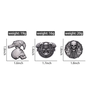 Gothic skull and raven zinc alloy pins with vintage silver finish and size measurements