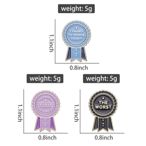 Detailed view showing set of cartoon enamel award pins with size and weight specs