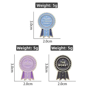 Detail of colorful reward badges with THE WORST text and size specifications
