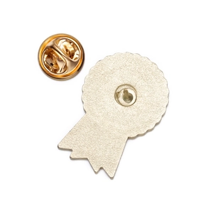 Detailed back view of metal geometric badge featuring a secure butterfly clutch pin