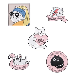 Set of five irregular cartoon cat enamel pins featuring pop culture parodies and funny quotes