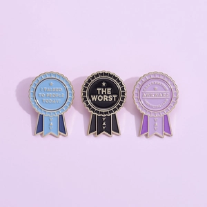 Set of 3 cartoon enamel reward medal pins with humorous slogans and gold plating