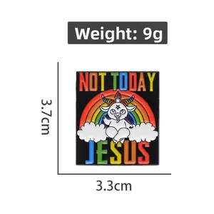 Detail view of Not Today Jesus enamel pin with rainbow and goat, size 3.3cm by 3.7cm