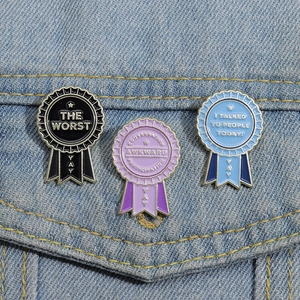 Three-piece enamel medal brooch set with funny slogans pinned on denim jacket pocket
