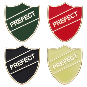 Minimalist shield-shaped enamel badges with gold PREFECT lettering in four colors