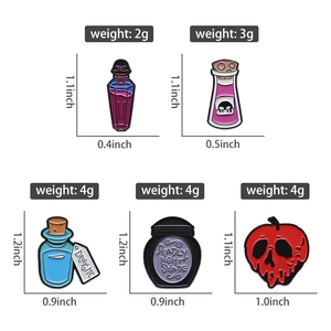 Detailed view of magic potion enamel pins and skull apple badge for clothes and bags