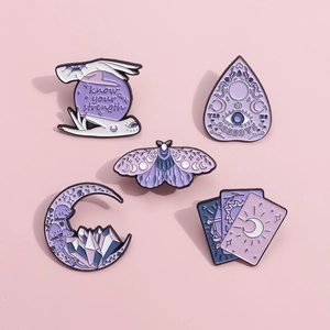 Set of 5 purple enamel pins with crystal ball, tarot cards, moon and mystic moth motifs