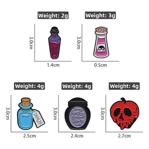 Cartoon magic potion enamel pins set featuring poison bottles and skull apple badges