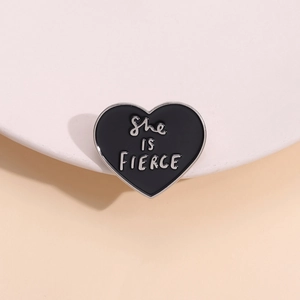 Fierce heart-shaped black enamel brooch with silver She IS FIERCE engraving for women