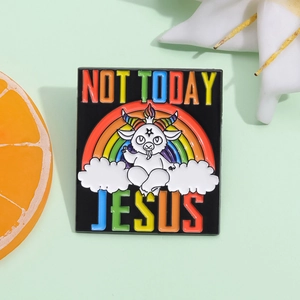 Rainbow square enamel pin featuring Baphomet goat and Not Today Jesus text