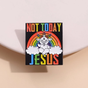 Enamel brooch with cartoon Baphomet, rainbow and Not Today Jesus text on black metal