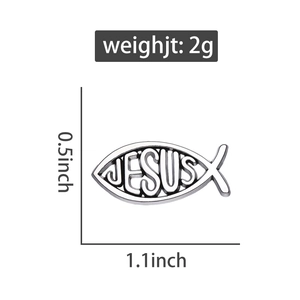 Detailed view of silver Ichthys fish pin with cutout Jesus text and dimensions