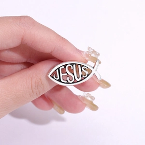 Vintage silver hollow Jesus fish open ring with retro Christian religious emblem