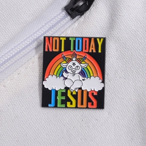 Rainbow goat enamel pin with Not Today Jesus lettering on white canvas background